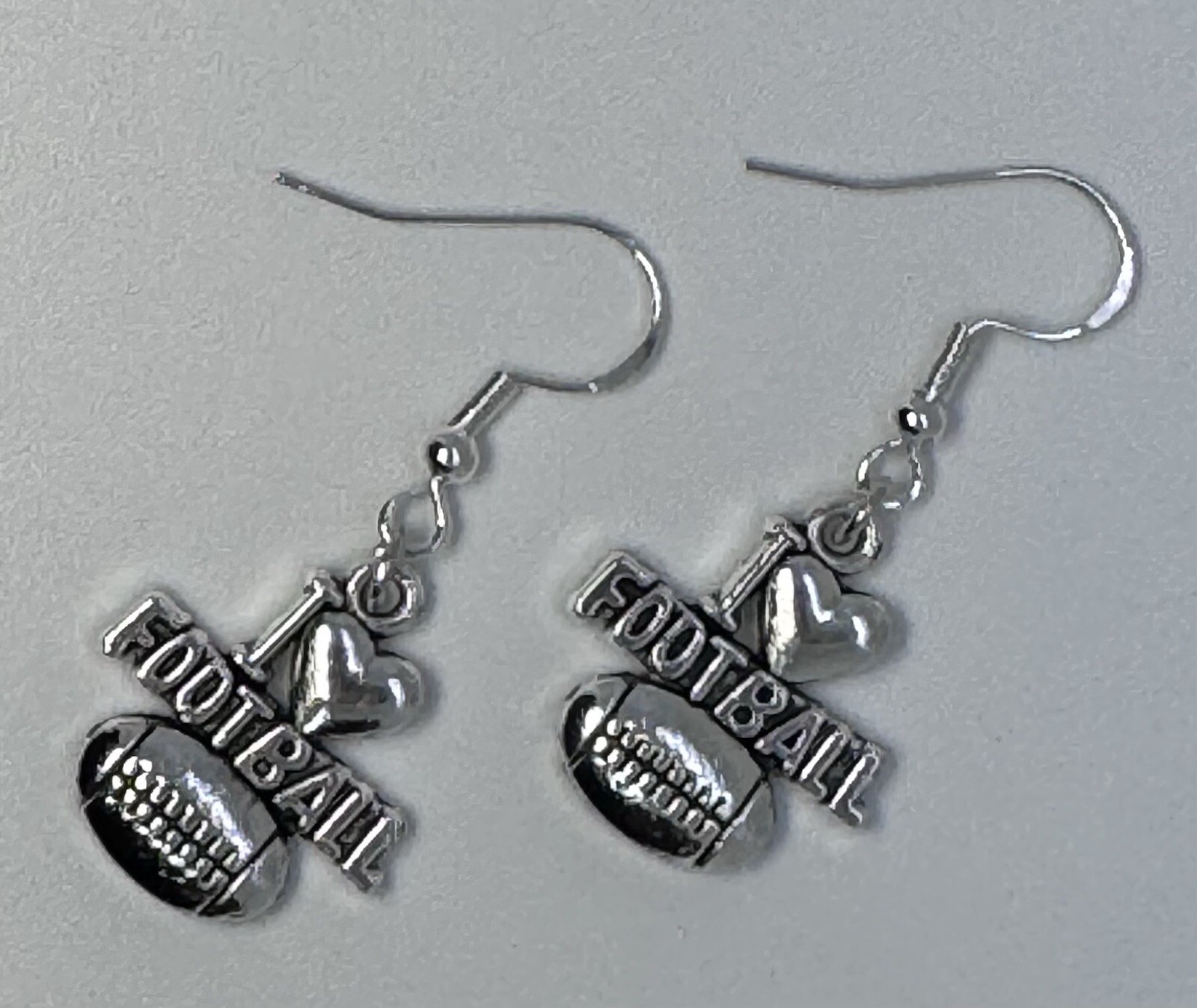 I Love Football Sports Sterling Silver Handmade Dangle/Fishhook Earrings
