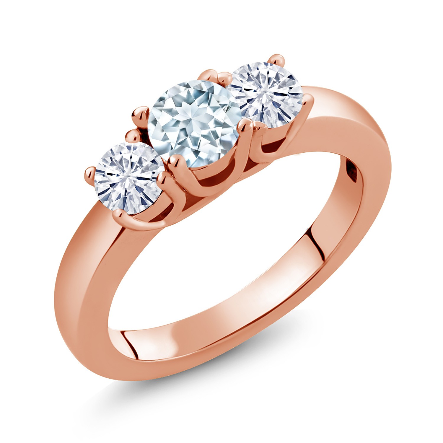 18K Rose Gold Plated Silver 3-Stone Ring Aquamarine Moissanite (0.96 Cttw)