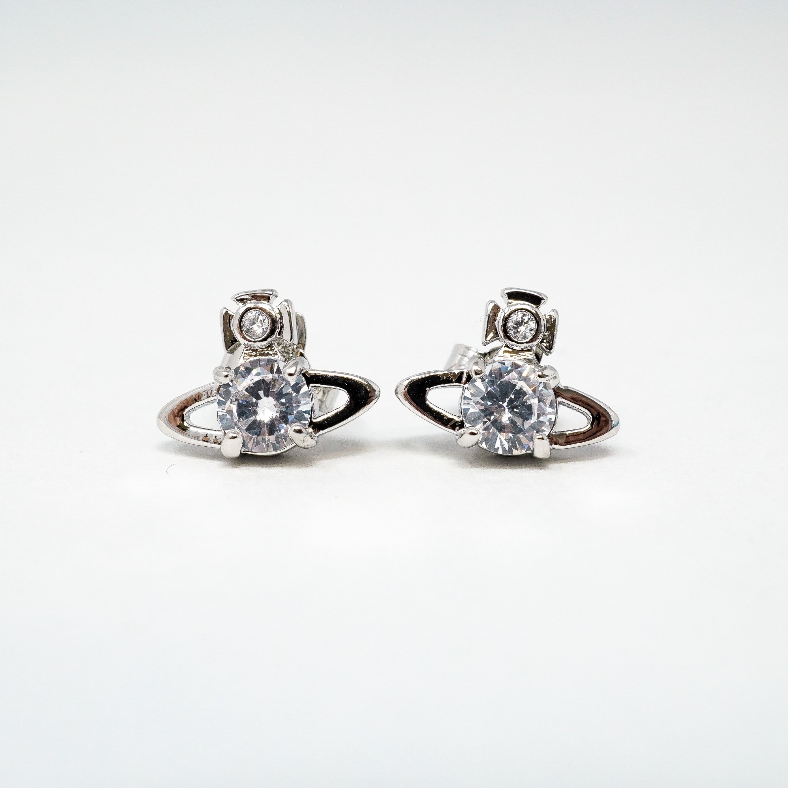 Vivienne Westwood Earrings Small Silver Orb Studs With Crystals & Box