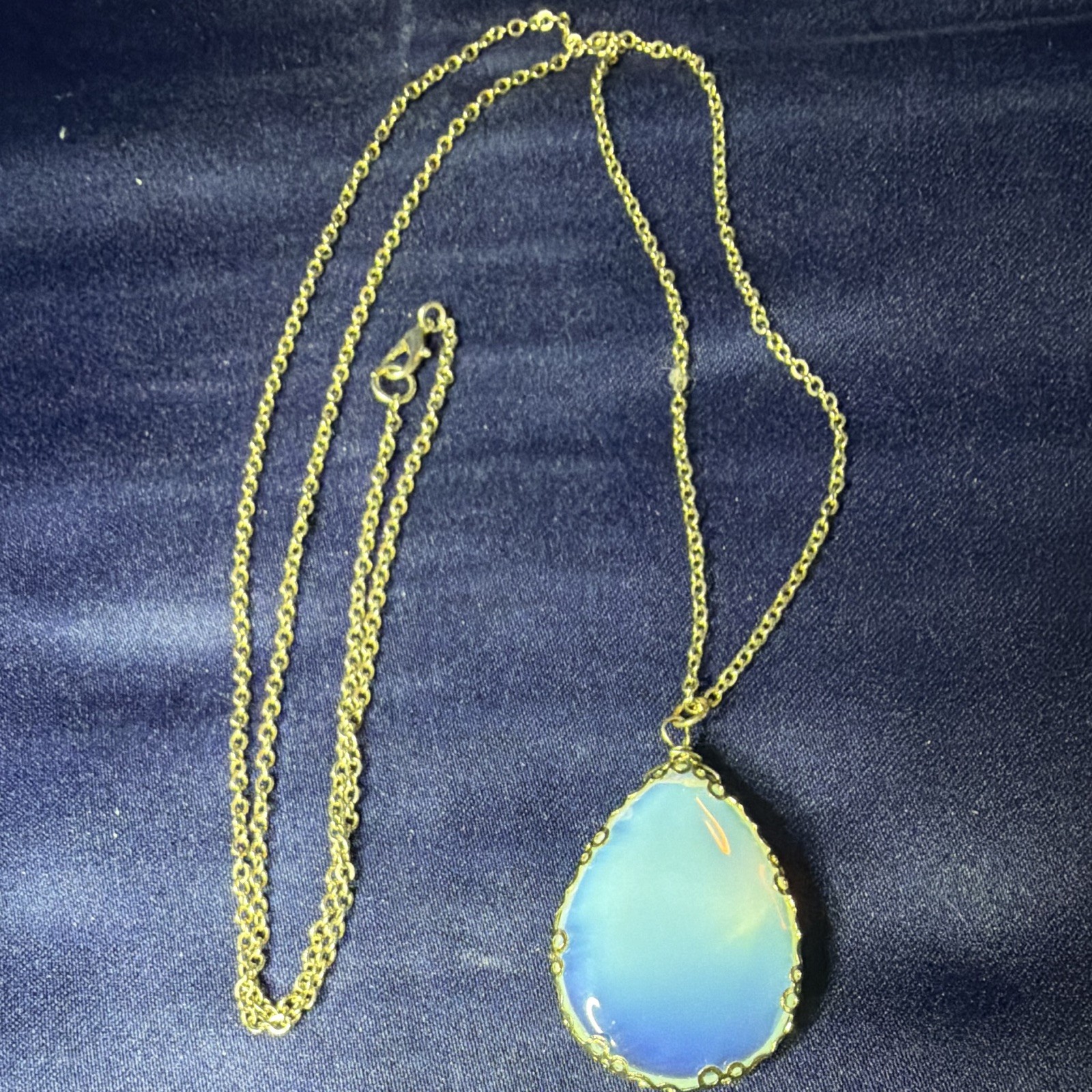 Gold Tone Cable Chain Necklace Blue Teardrop Simulated Opalite Charm Pendant