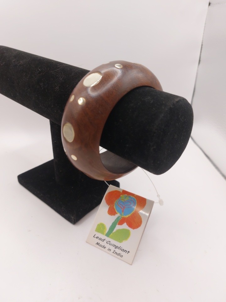 Rounded Wood Bracelet Beautiful Grain Metal Inlay Dots
