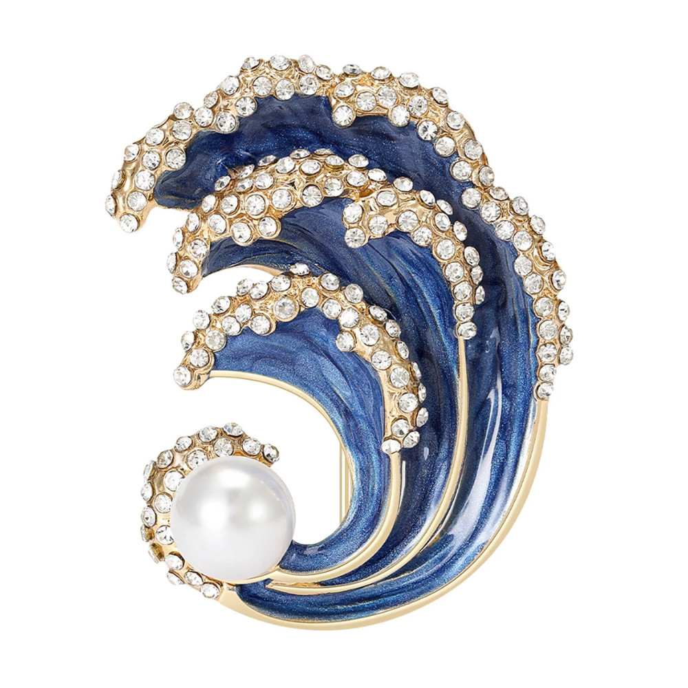 Gold Ocean Wave Blue Brooch – Pearl & Rhinestone Water Pin, Summer Jewelry Gift
