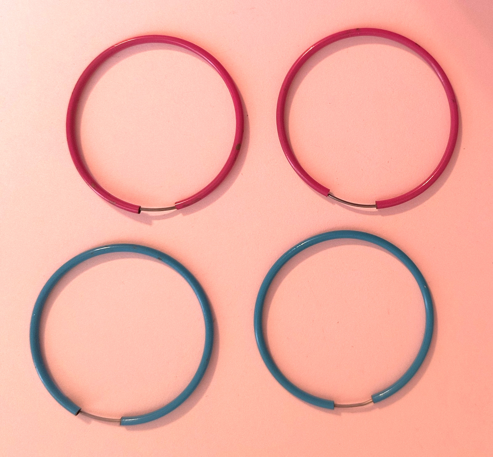 2 Pairs Hoop Metal Earrings for Pierced Ears Aqua Dark Pink 1 3/4 Inches