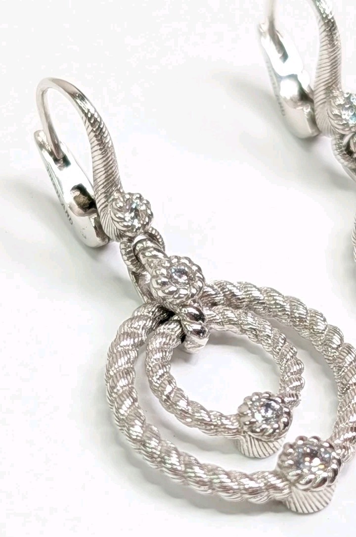 Judith Ripka Dangle Earrings Double Circle Drop CZ Sterling Silver Lever Back