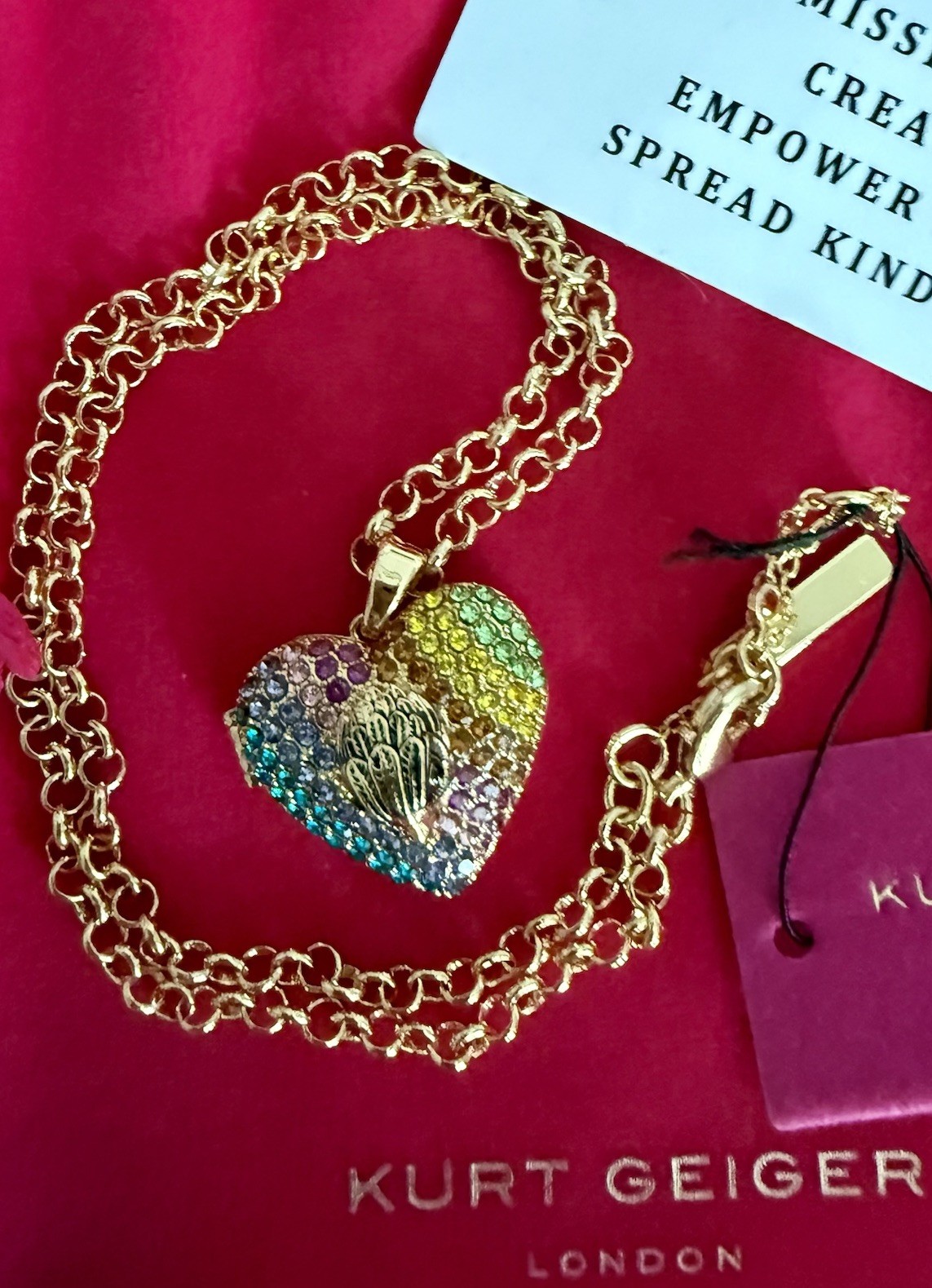 KURT GEIGER LONDON GOLD TONE RAINBOW EAGLE HEAD HEART LOCKET NECKLACE 16”+2” NWT