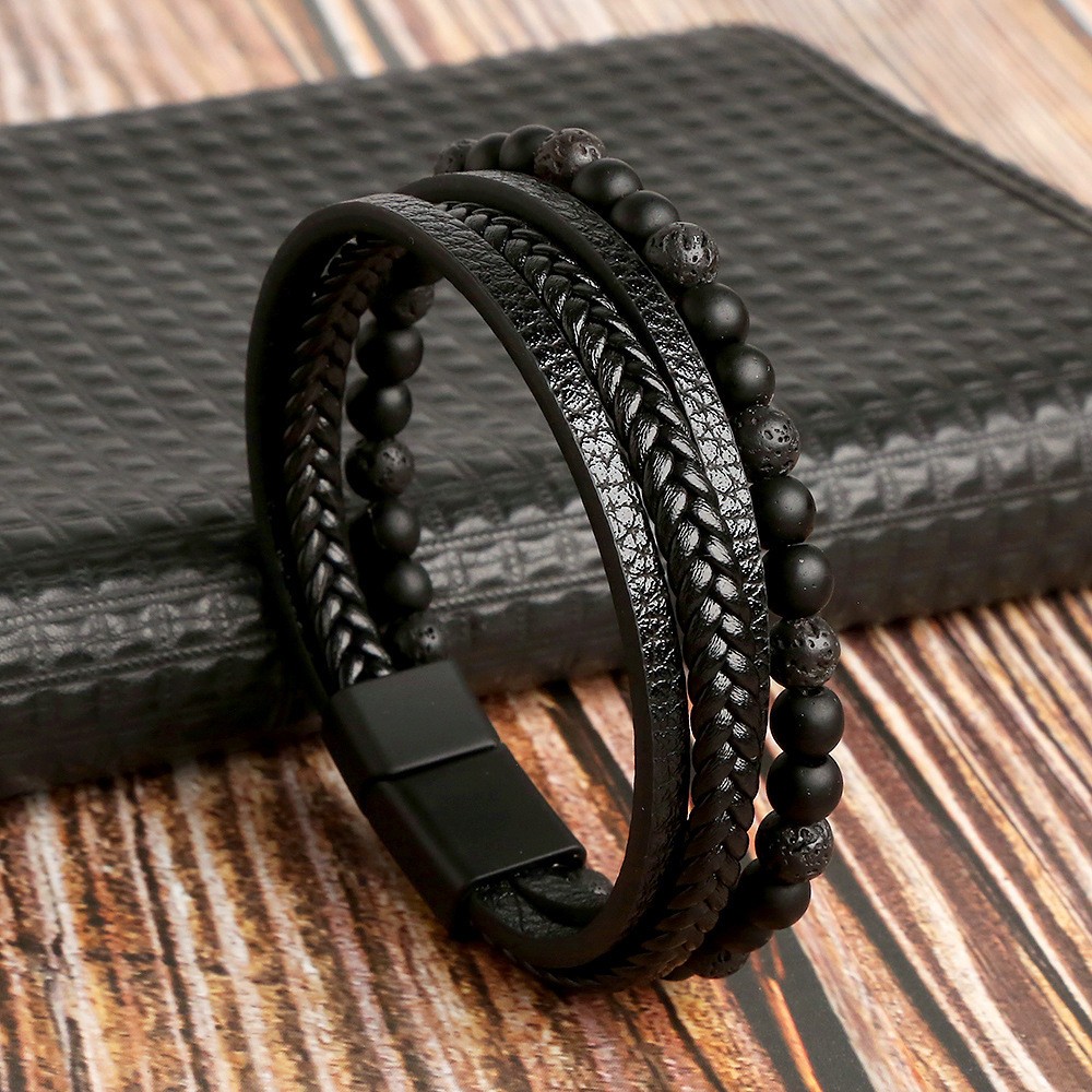 Men’s Tiger Eye Natural Stone Layered Braided Leather Beaded Bracelet