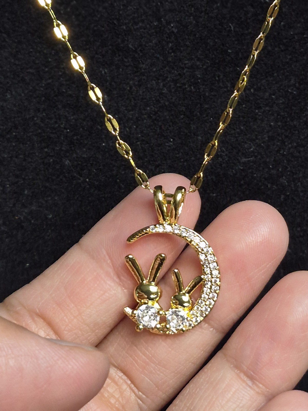 Gold Tone Cable Chain Rabbit Crescent Moon CZ Charm Pendant Necklace Toggle