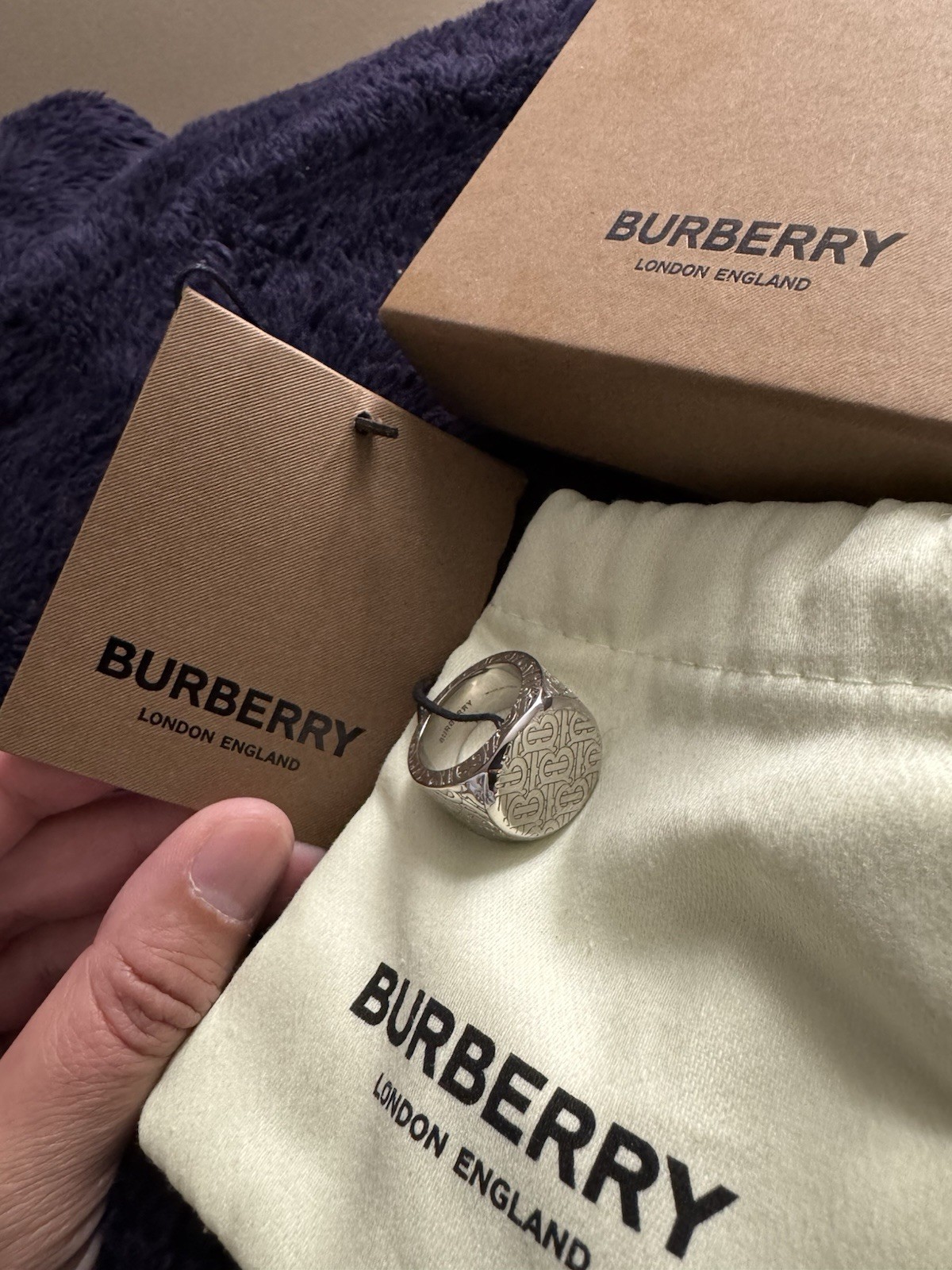 Burberry – Monogrammed Palladium-Plated Signet Ring – Silver Size 58
