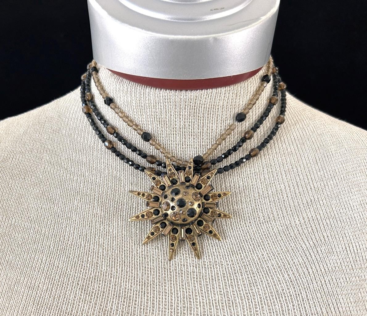 Chicos beaded necklace metal golden sun 3 rows black brown beads lobster clasp