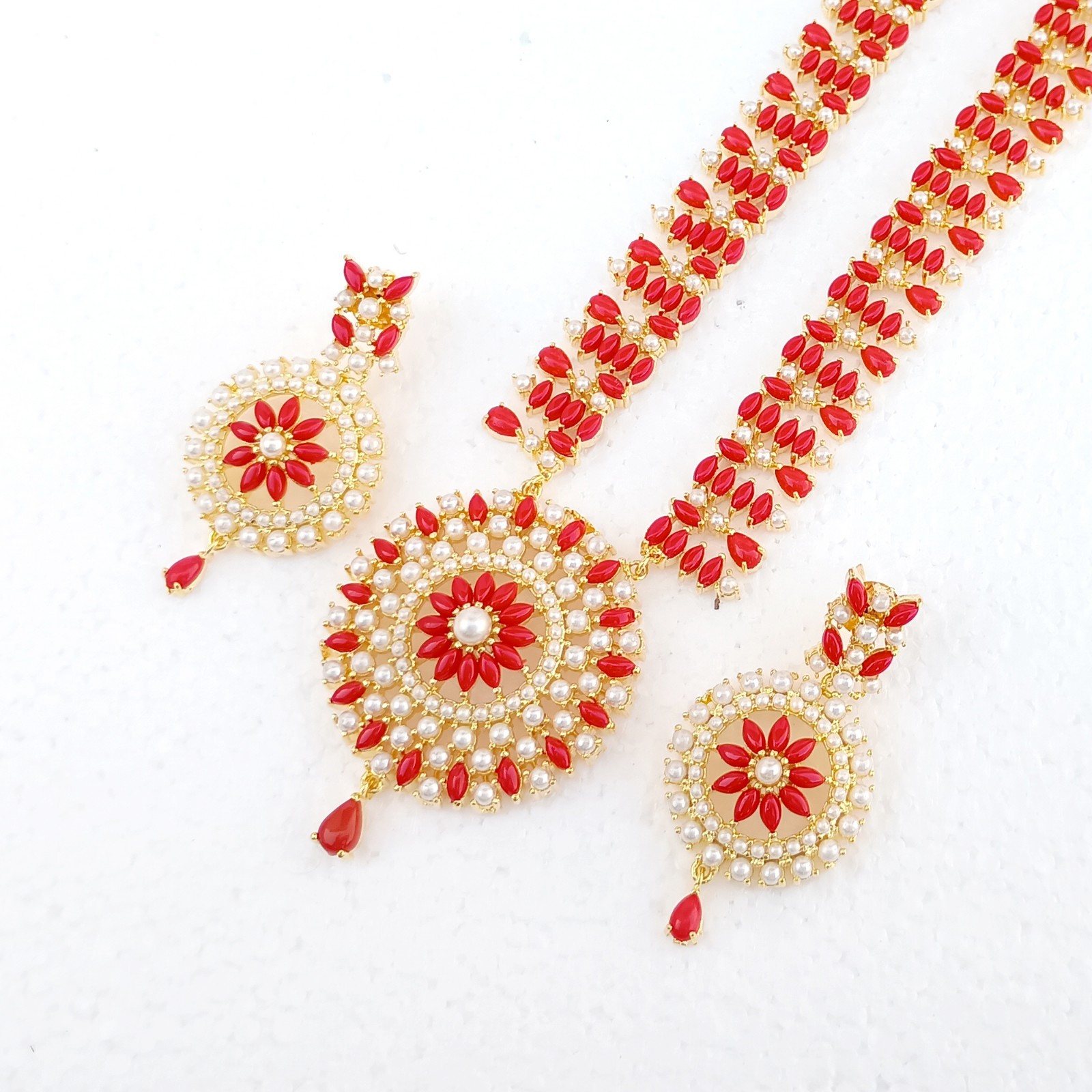 Bridal Long Coral Pearl Necklace Set 22K Gold Plated Luxury Anniversary Jewelry