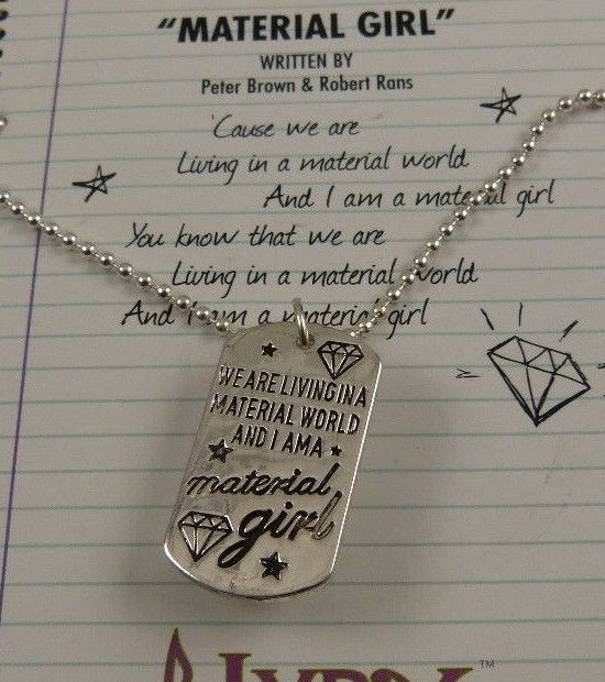 Material girl Necklace bling lyrics on charm 18 in dog tag silver tone