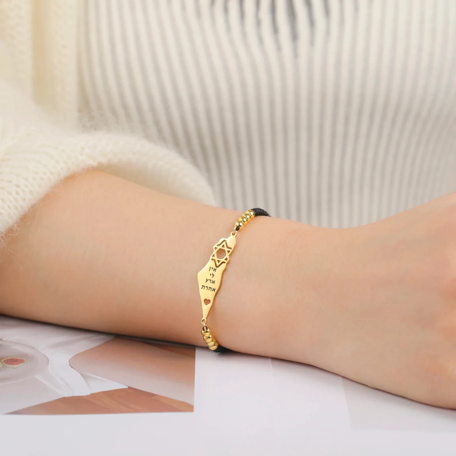 Israel Map Bracelet Stainless Steel Star of David Braided Rope Jewelry Gift