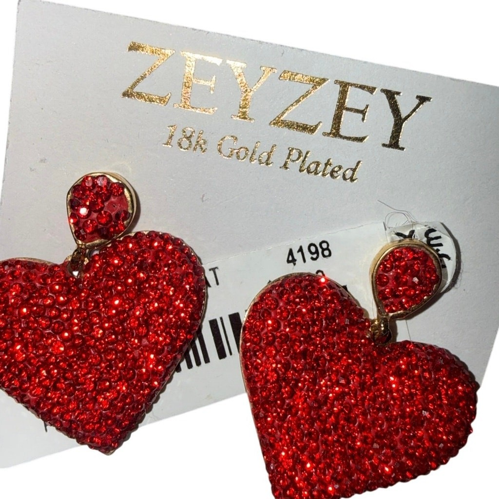NWT ZEYZEY Red Black CZ Pave Heart Earrings 18K Gold Plated Set Gift Sparkly