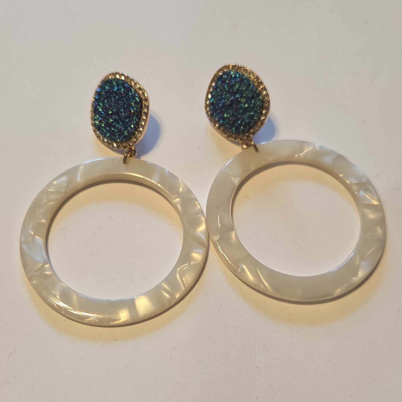BaubleBar Gold Tone Blue Druzy Look Resin Hoop Dangle Earrings, Signed