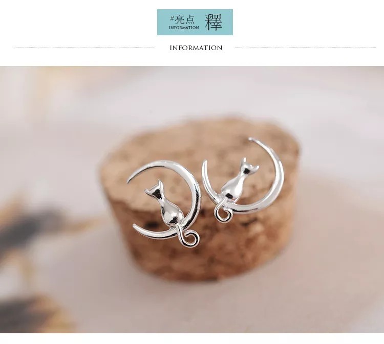 925 Sterling Silver Cat on the Moon Stud Earring Cute Animal Design Jewelry Gift