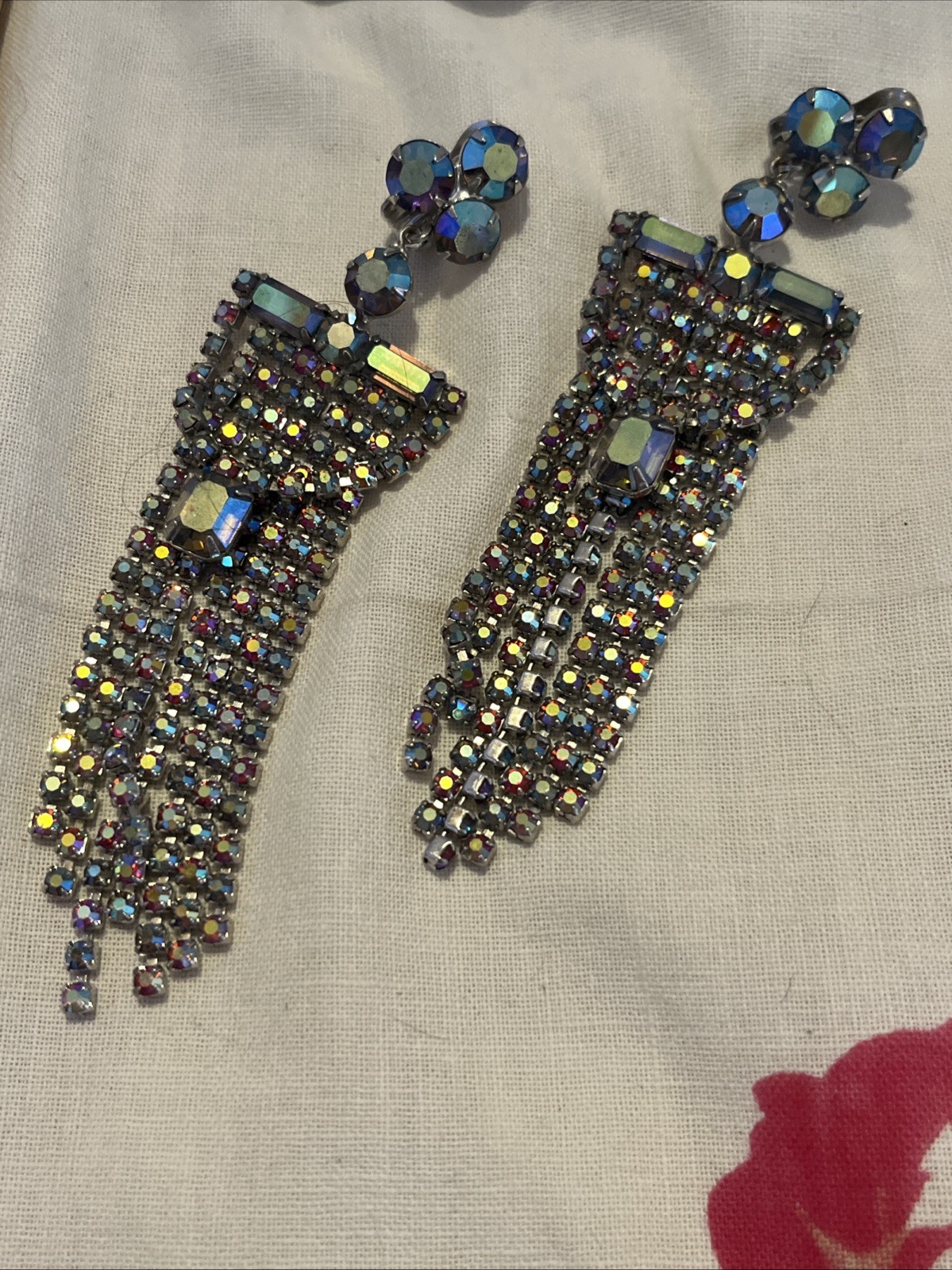 STATEMENT Aurora Borealis Red Earrings Long Multi Strand Dangle Clip