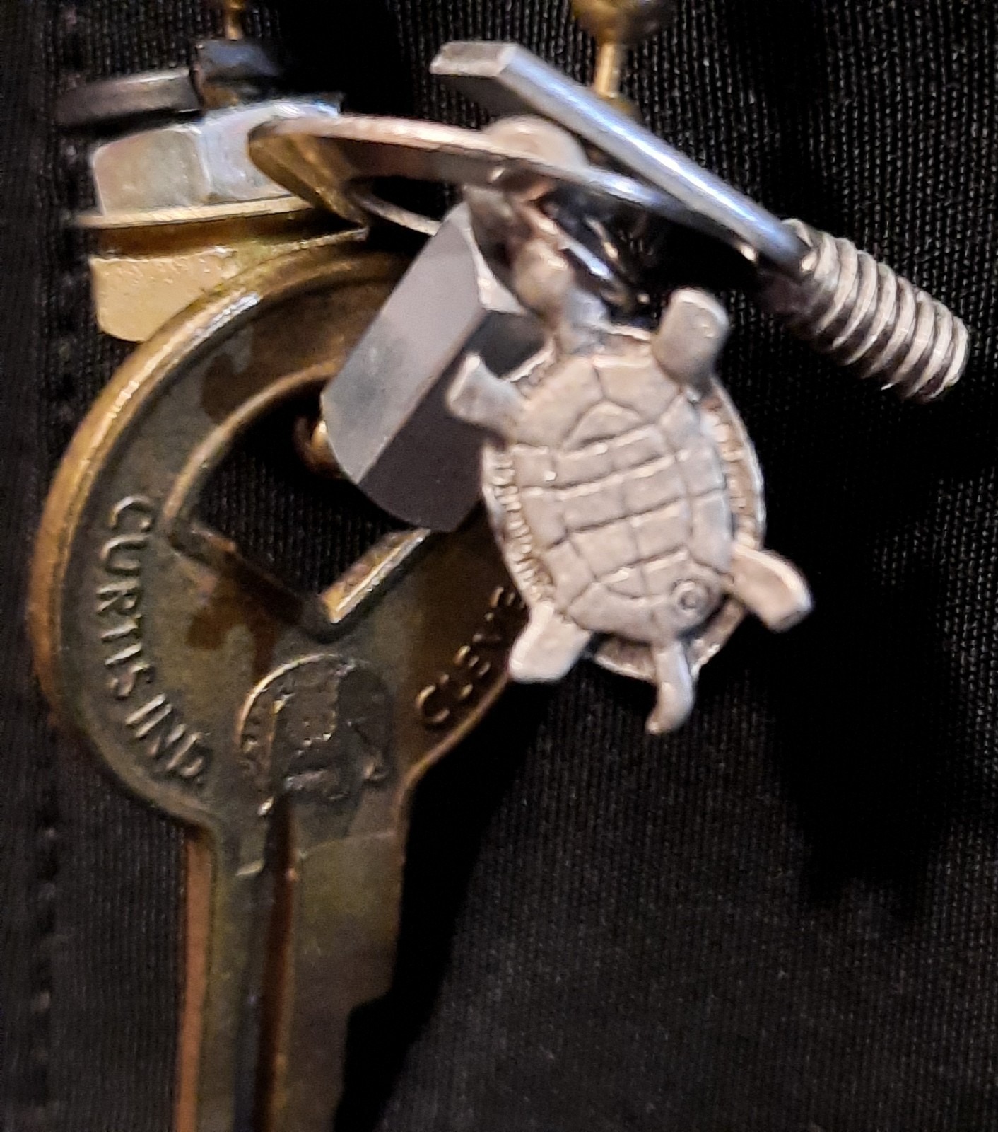 27 Inch Steampunk Necklace With Brass Key, Nuts, Washers, and Turtle Made In USA