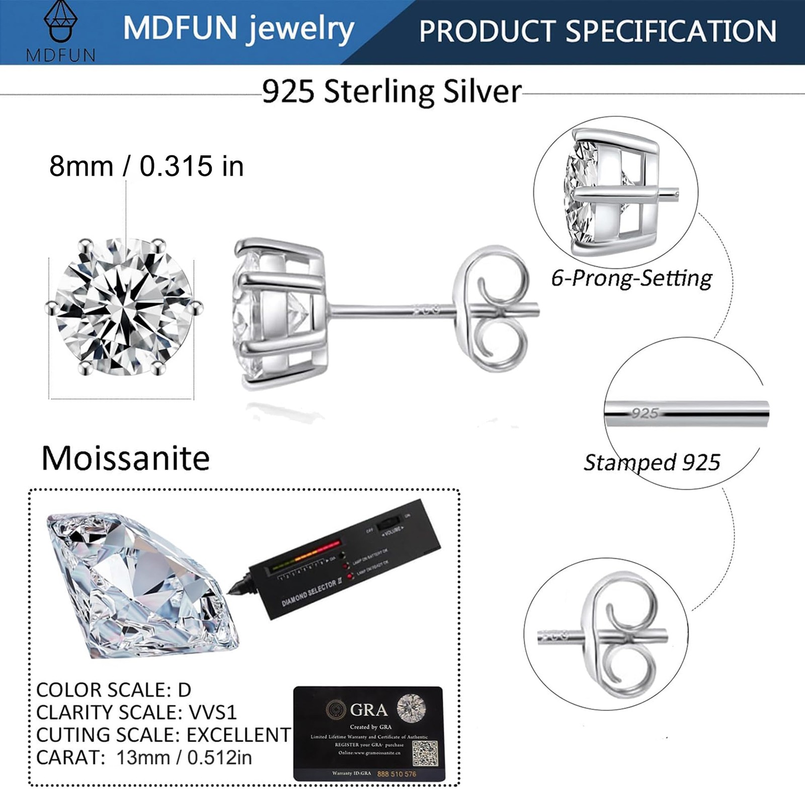 8mm 4 Ct Stud Earrings 925 Sterling Silver Synthetic Moissanite Stud Earrings…