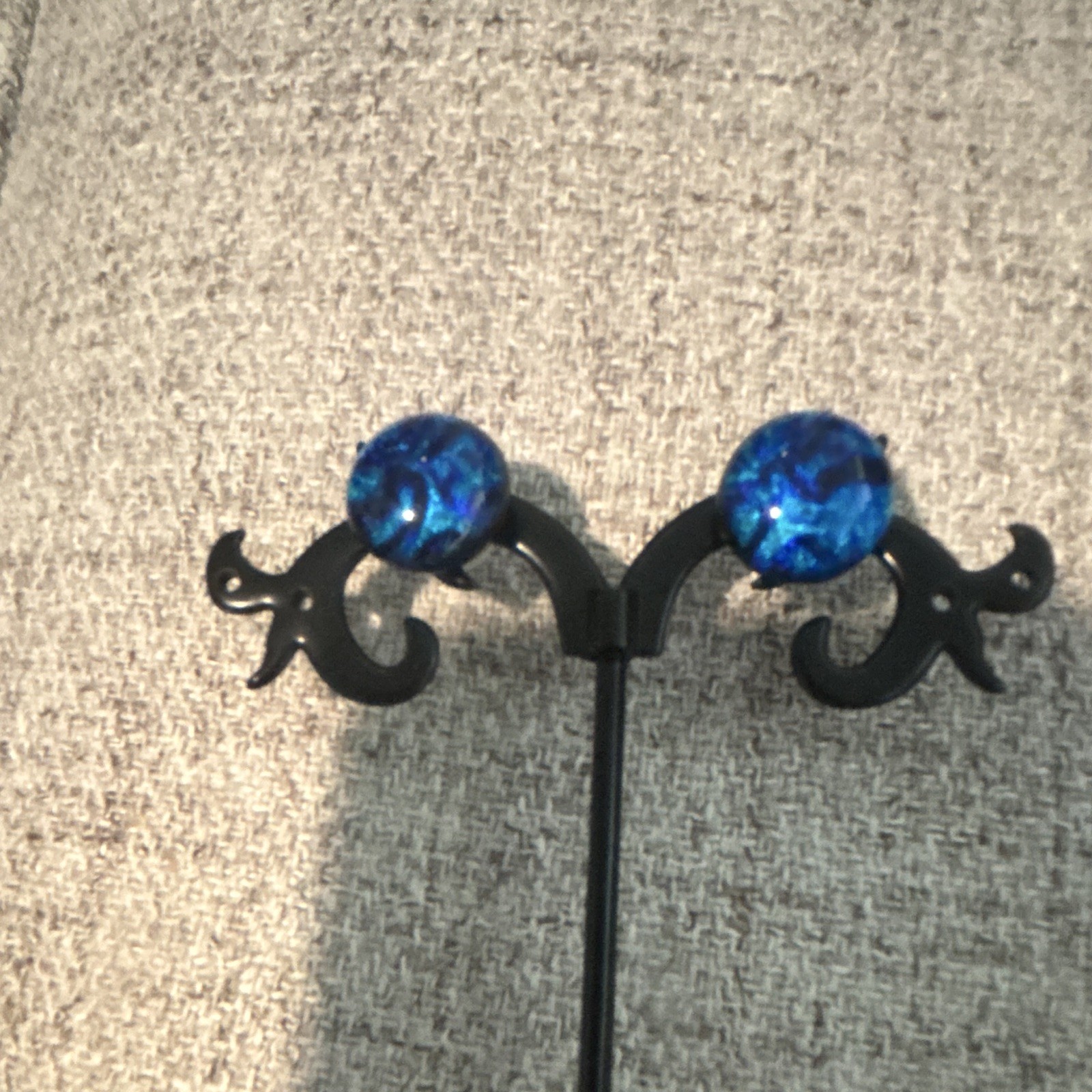Dichroic Glass Stud Earrings Blue Round Crystal Stones Butterfly Back Pair