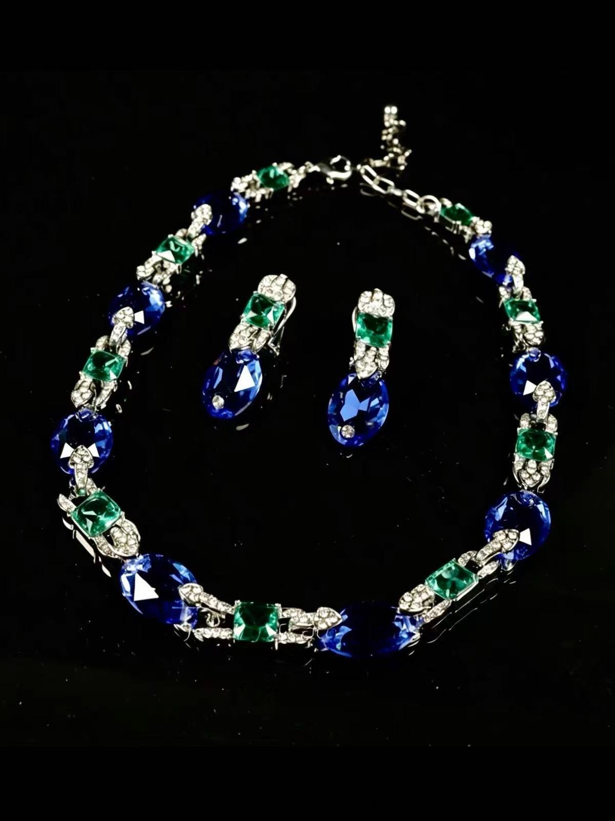 Royal Sapphire Necklace Set Vintage Style Blue Crystal Wedding Jewelry Women
