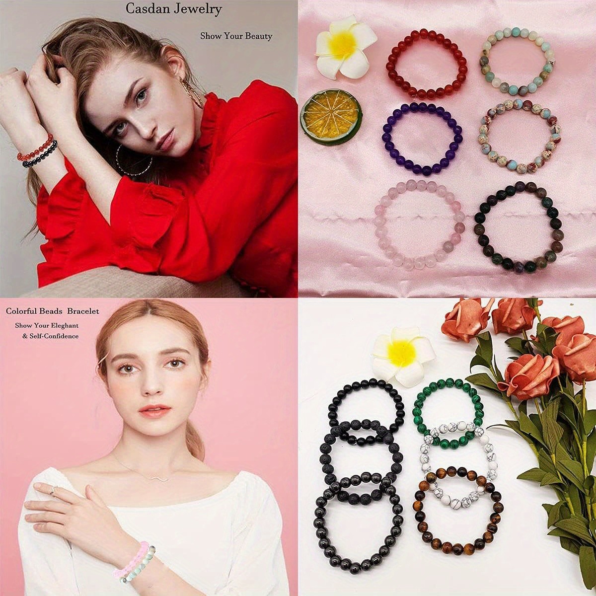 12Pcs Semi-precious Gemstone Beaded Stretch Bracelet Bohemian Style Jewelry Gift