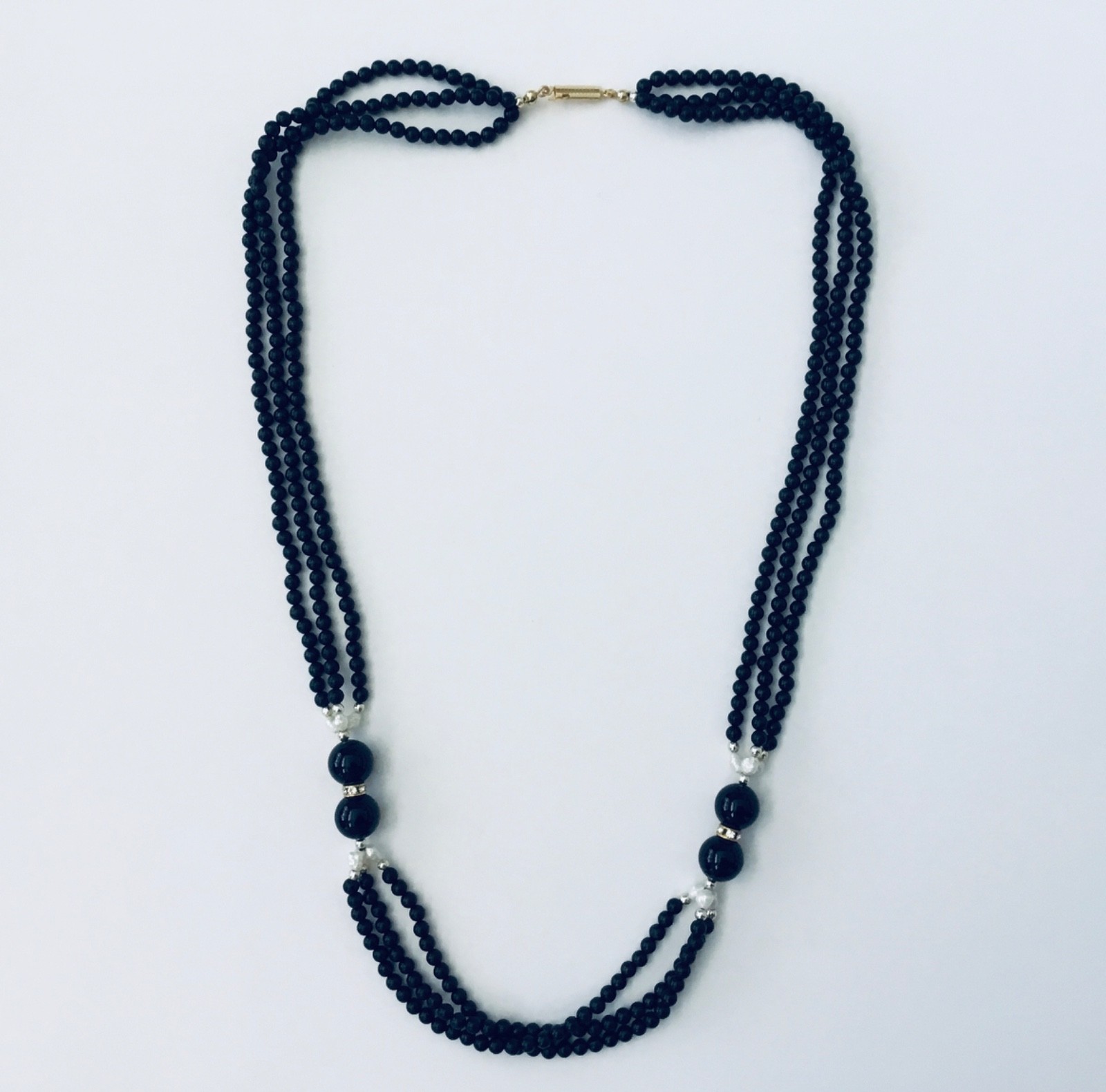 Special Black Onyx W/ Freshwater Pearl 3 strand 27 in Long Necklace NEW