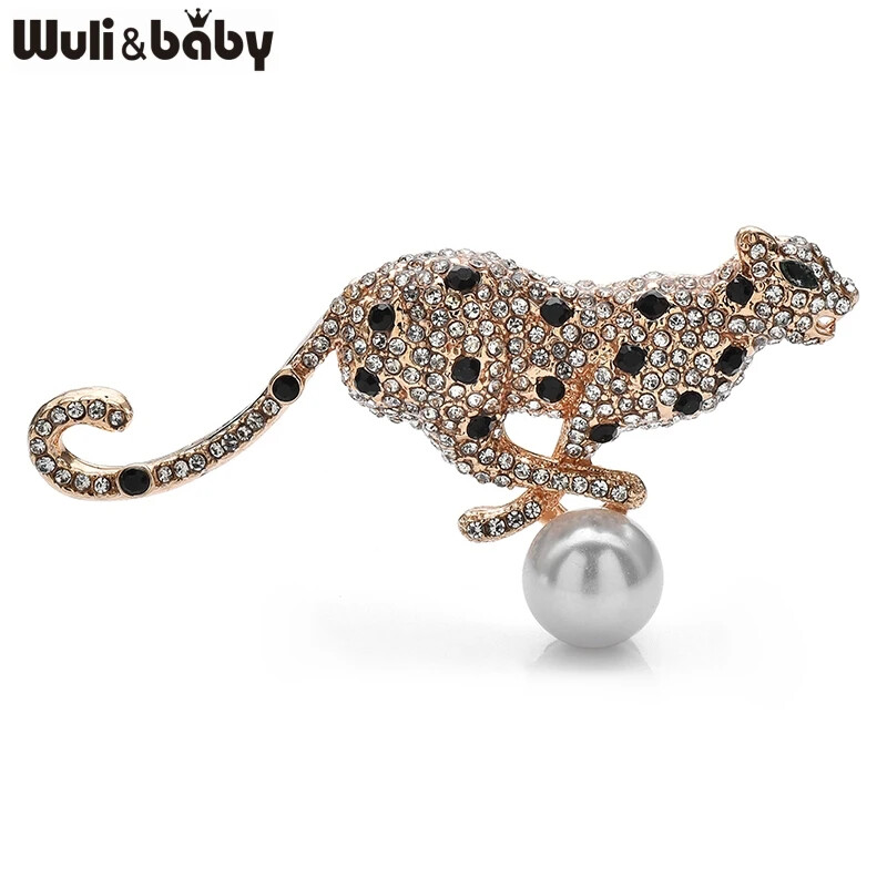 Vintage Leopard Brooch Pin Gold Crystal Rhinestone Pearl Animal Women Jewelry G.