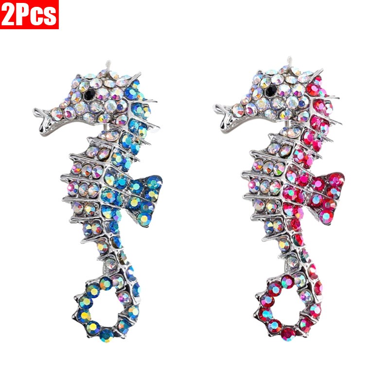 2P Sparkling Seahorse Brooch Silver Ocean Animal Lapel Pin Jewelry Gift