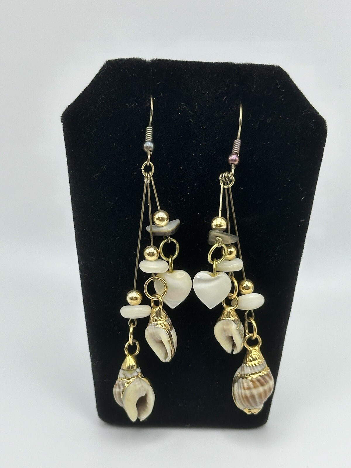 Dangle Drop Hook Earrings Mother Of Pearl With Gold Gilted Shell Gold Tone 3”