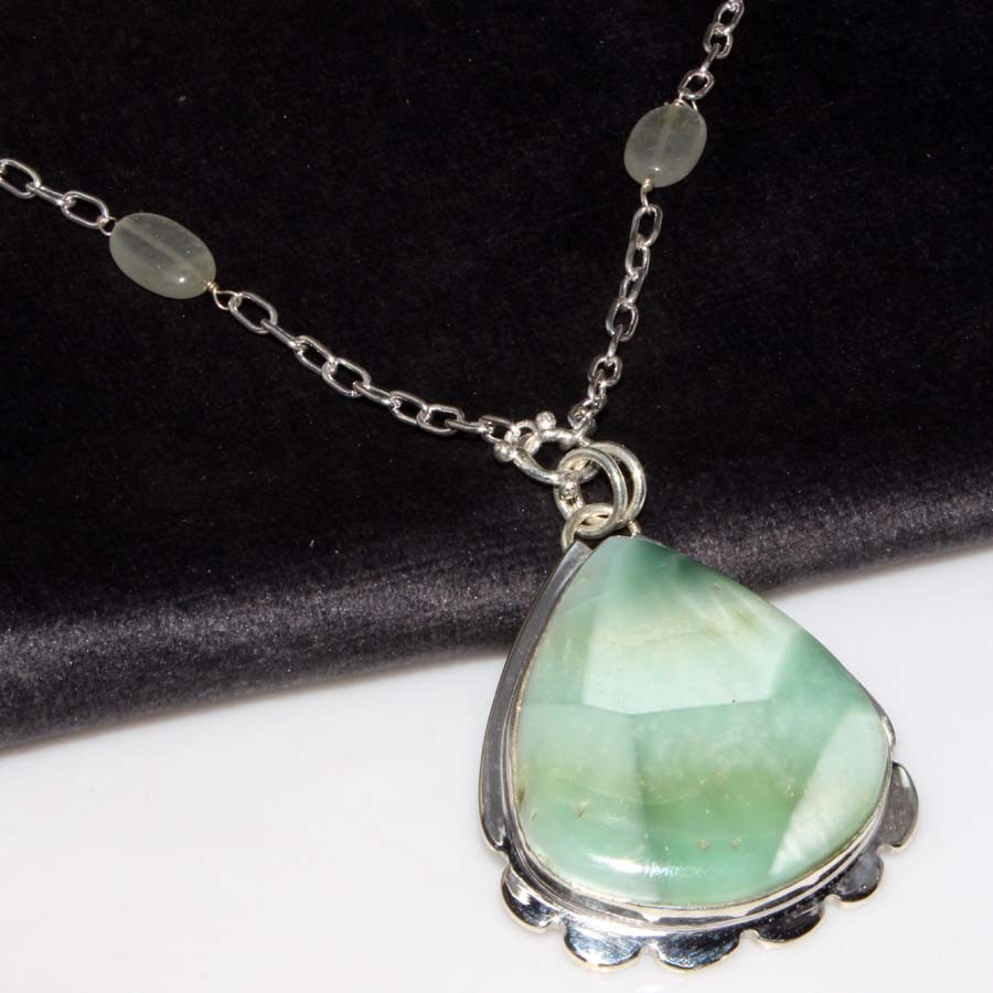 925 Silver Plated Fine Finish Hememorphite Larimar Prehnite Necklace 19″ GW