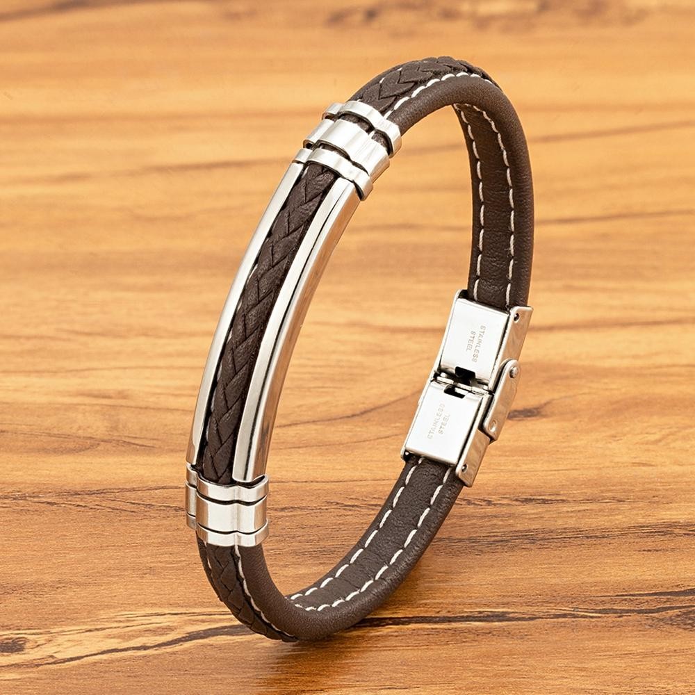 Men’s Woven Leather Stainless Steel Buckle Bracelet Fashion Bangle Daily Wear