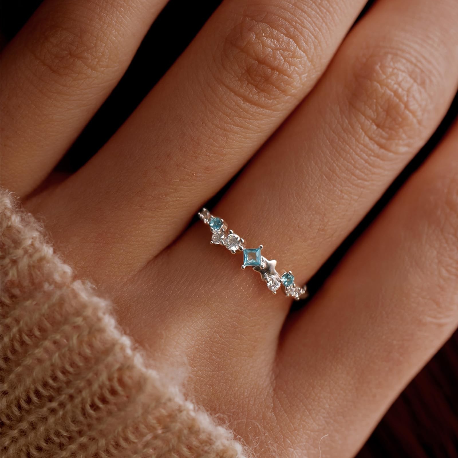 S925 Sterling Silver Aquamarine Ring for Women, Star Blue CZ Stackable Births…