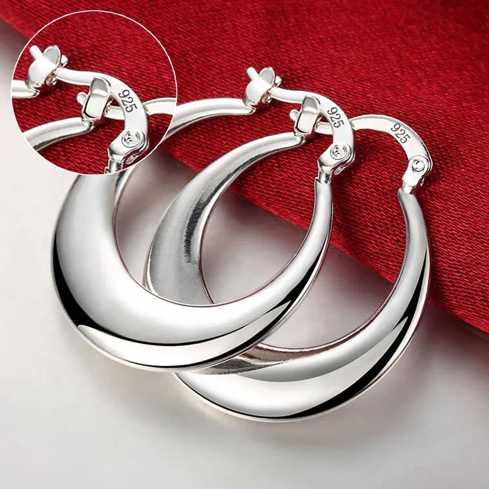 925 Sterling Silver 33mm Large Hoop Earrings Round Circle Women Trend Jewelry