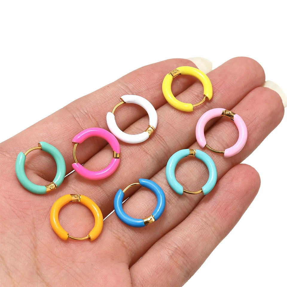 Stainless Steel Enamel Hoop Earrings Candy Color Huggie Small Kids Jewelry