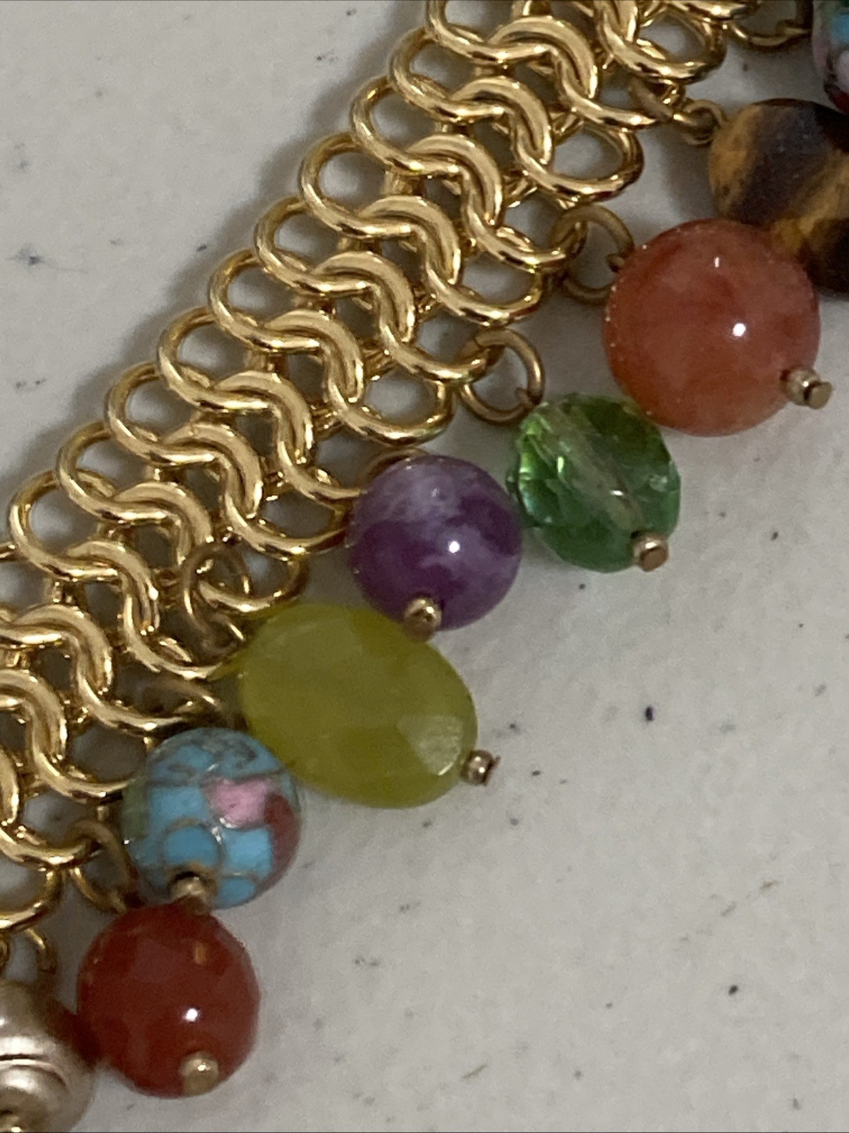 R J GRAZIANO Necklace Gold Tone Gemstone Cloisonne Glass Beads Dangles Jewelry