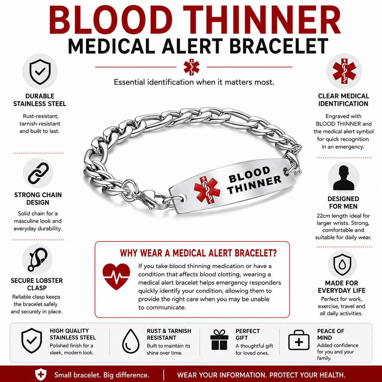 Blood Thinner Mens Medical Alert ID Bracelet Stainless Steel 22cm Large