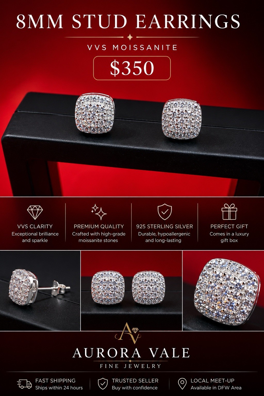 Aurora Vale 8mm VVS 925 Sterling Silver Stud Earrings (Passes Tester)
