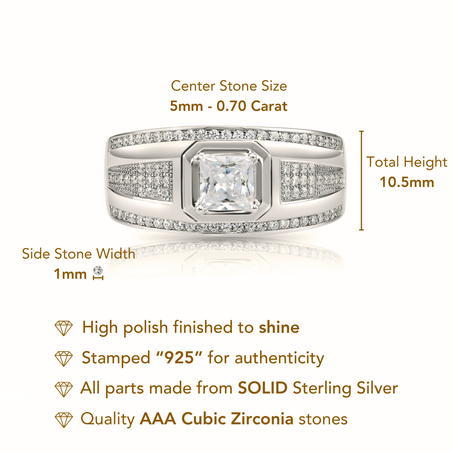 Solid 925 Sterling Silver Solitaire Princess-Cut Square Pave Wedding Pinky Ring