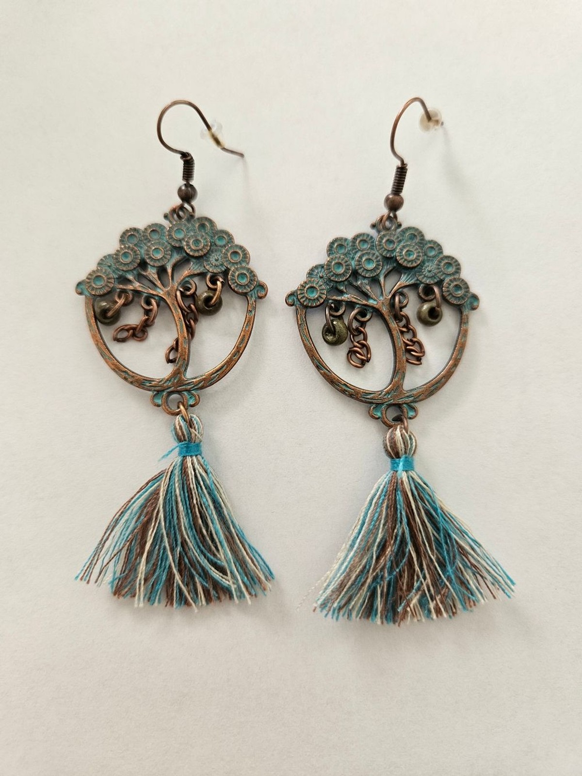 Bohemian Teal Tree Tassel Drop Earrings Copper Blue Gold Western Feminine