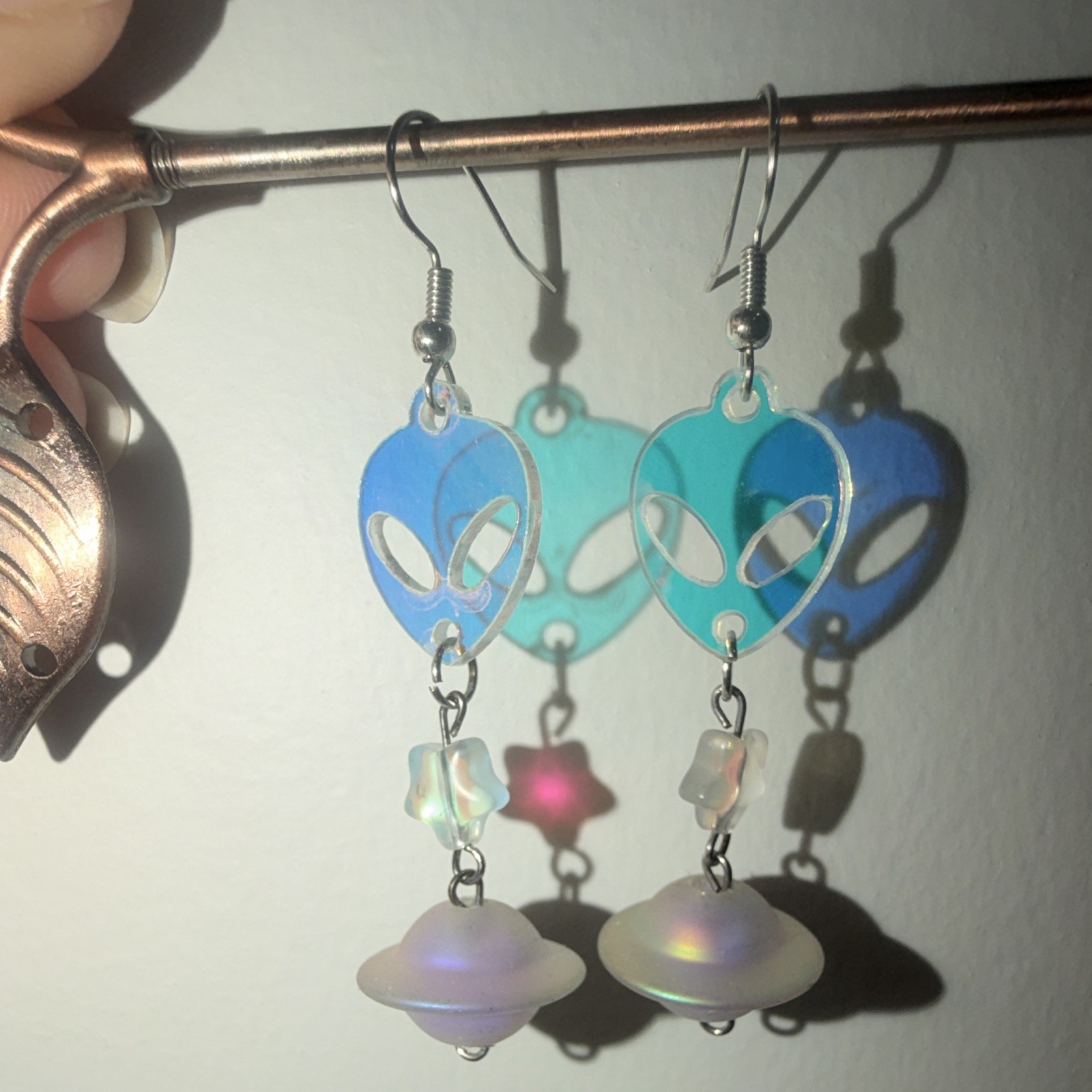 Blue Alien Head & UFO Beaded Dangle/Drop Hook Earrings Plastic/Metal No Stone