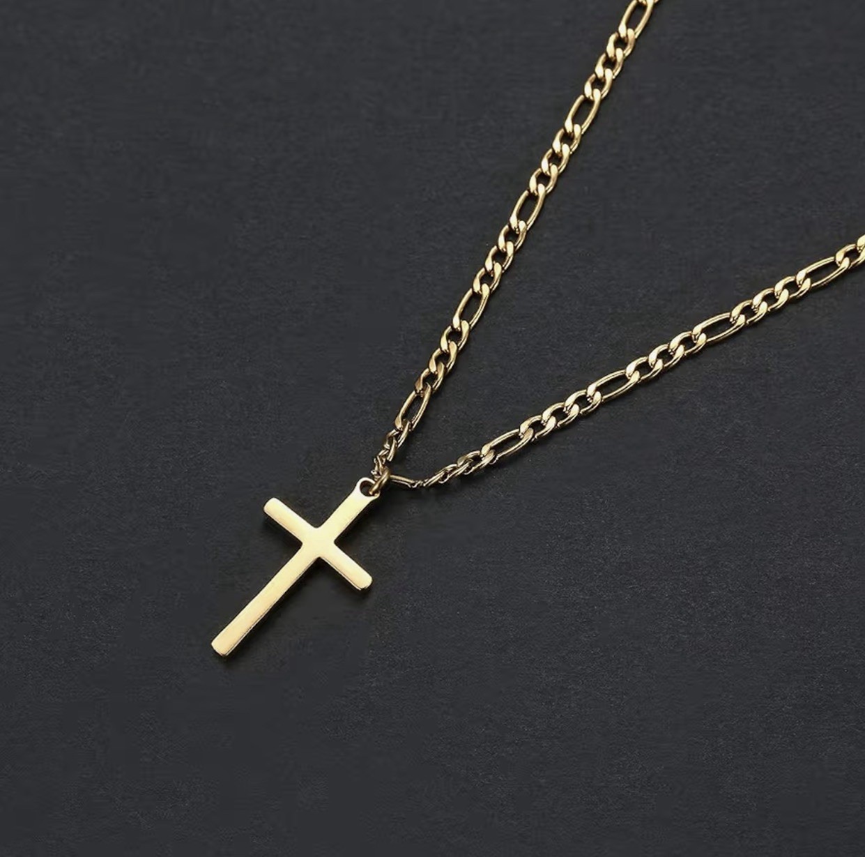 Gold Cross Pendant Necklace 3mm Figaro Chain Stainless Steel 20in Lobster