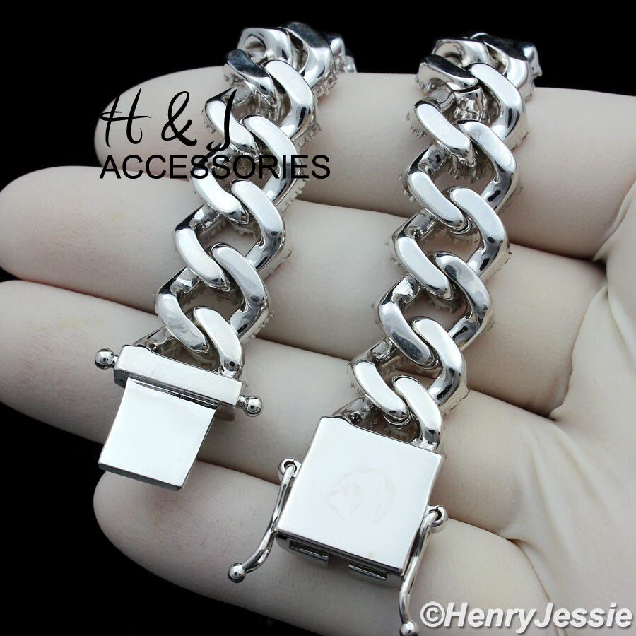 24″MEN 14K WHITE GOLD PLATED 14MM CZ MIAMI CUBAN CURB CHAIN LINK NECKLACE*ABN6