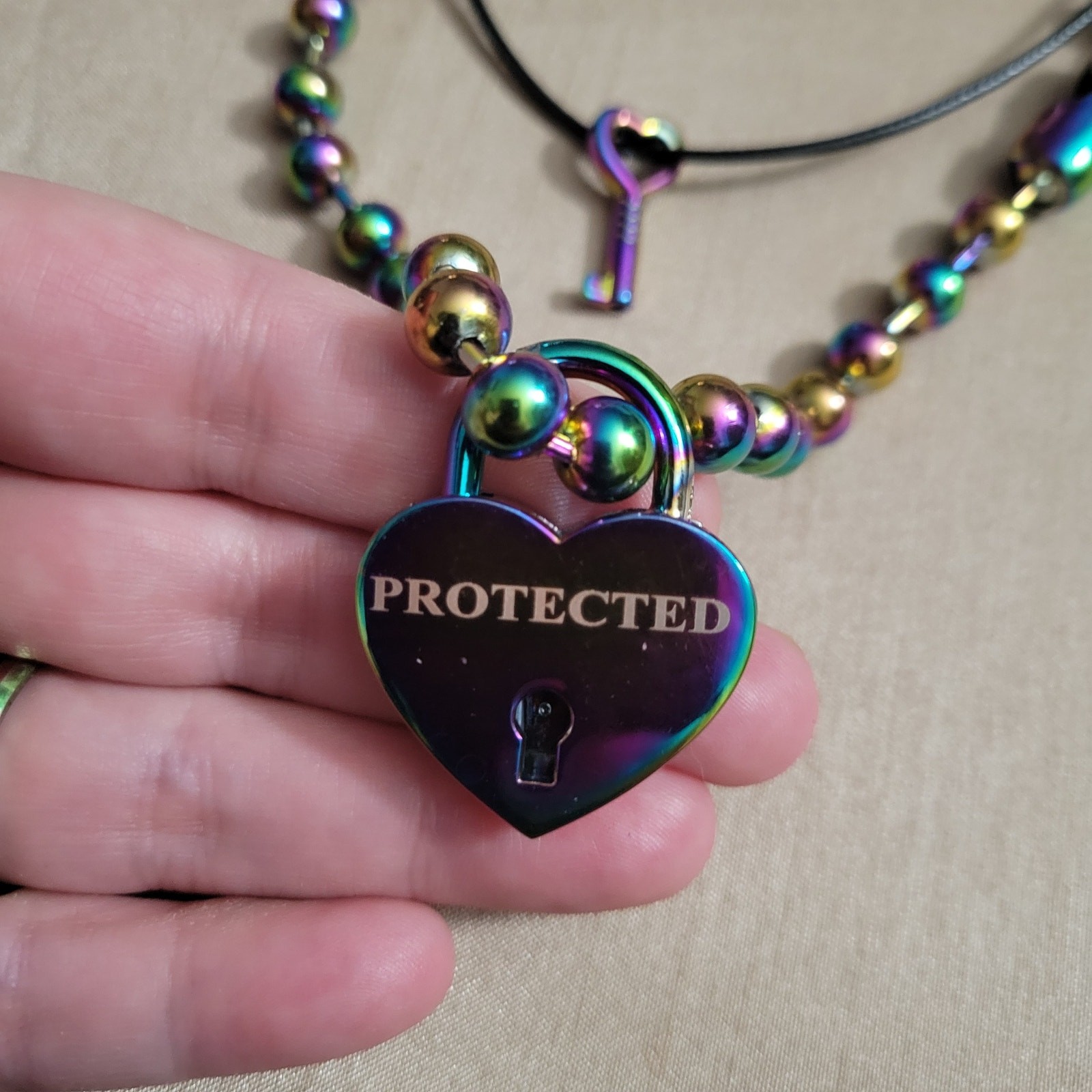 Rainbow ball chain necklace, “Protected” engraved heart lock stainless steel