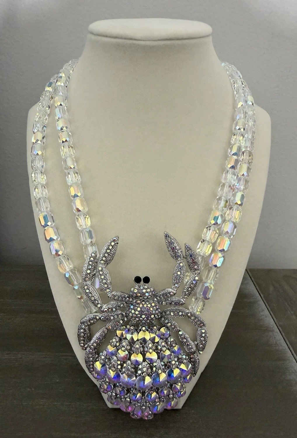 Eye Candy Iridescent Crystal Spider Statement Necklace Double Strand Beaded