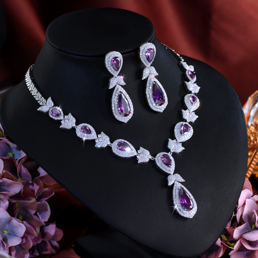 Silver Plated CZ Purple Dangling Drop Leaf Necklace Earrings Pageant Jewelry Set