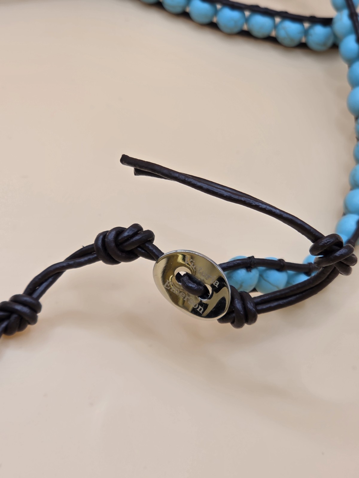 Victoria Emerson Blue Beaded Leather Wrap Bracelet Button Adjustable