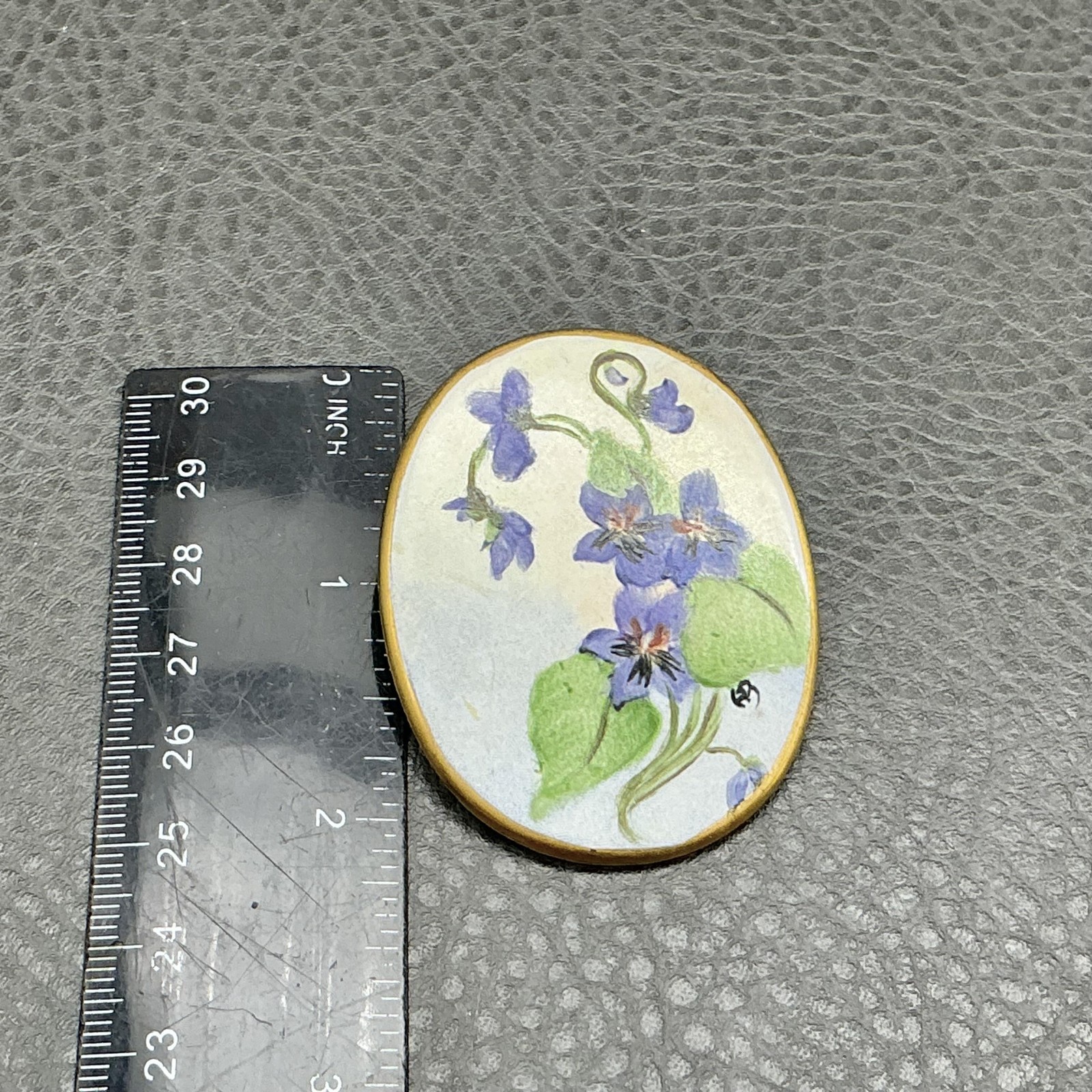 Porcelain Violet Flower Brooch Pin Hand Painted Oval Brass Tone Floral Jewelry