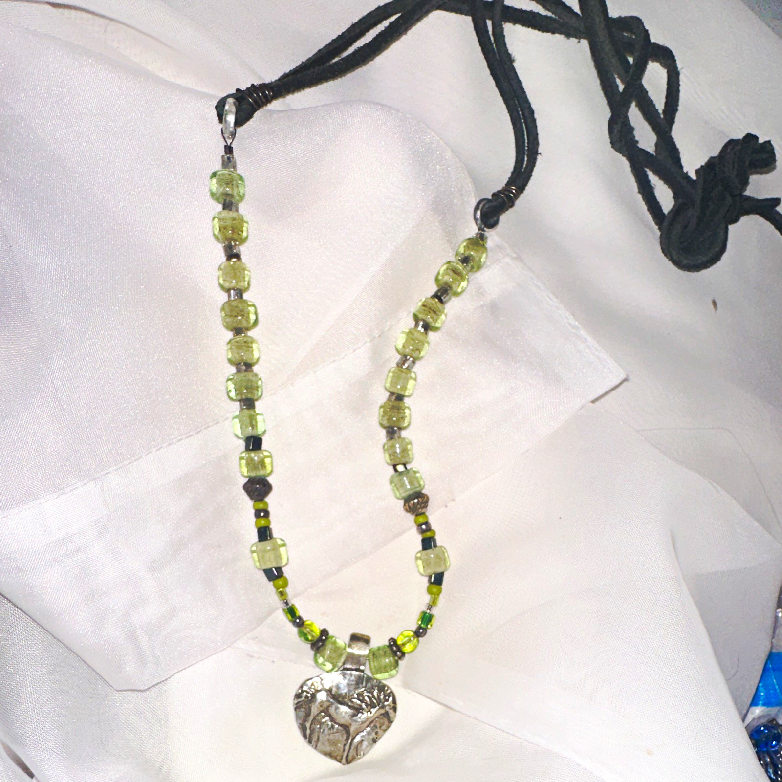 Green Glass Cube Beaded Cord Necklace, Silver Heart Charm, Adjustable