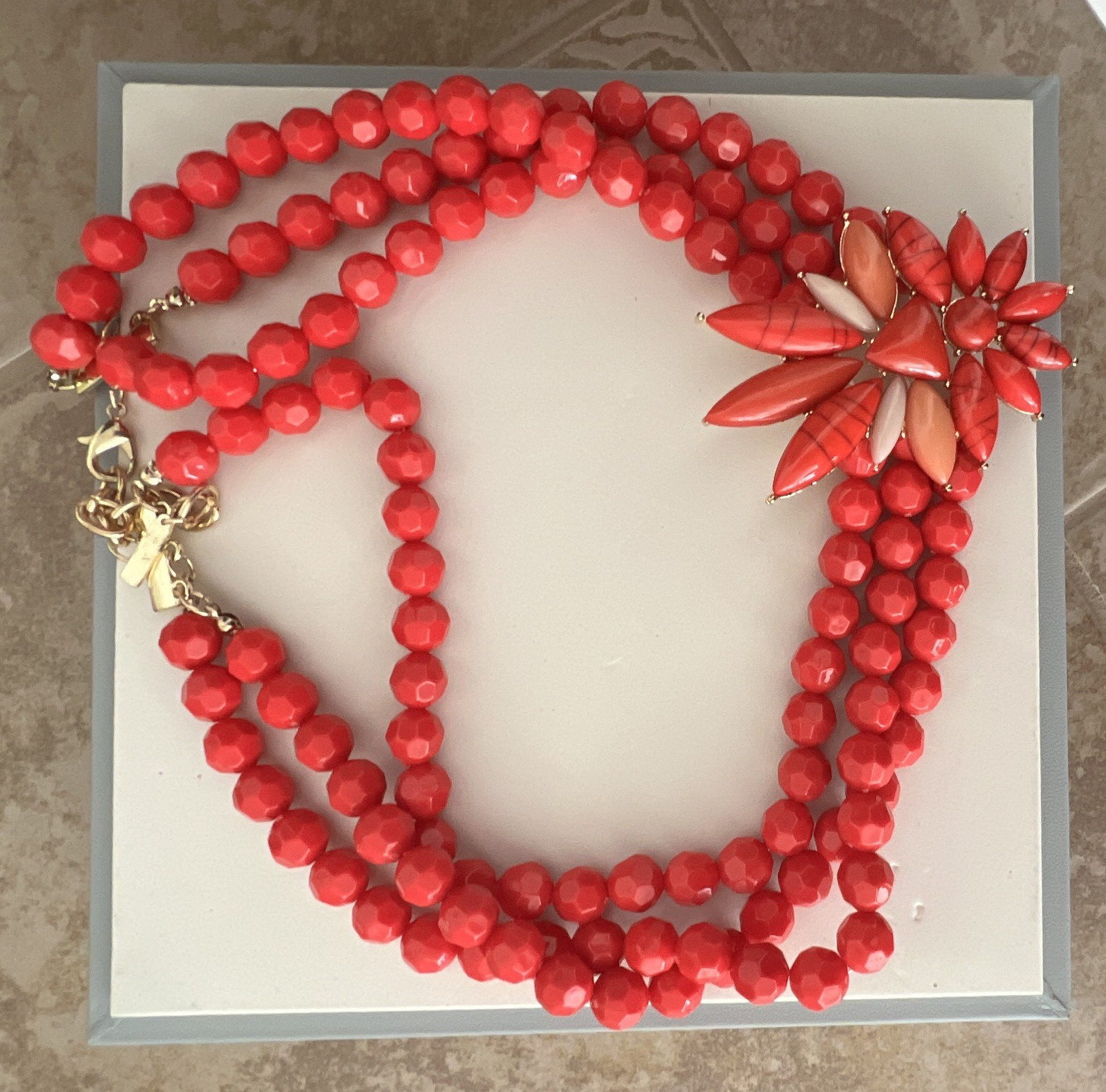 Red Multi-Strand Beaded Statement Necklace Flower Pendant Lobster Closure