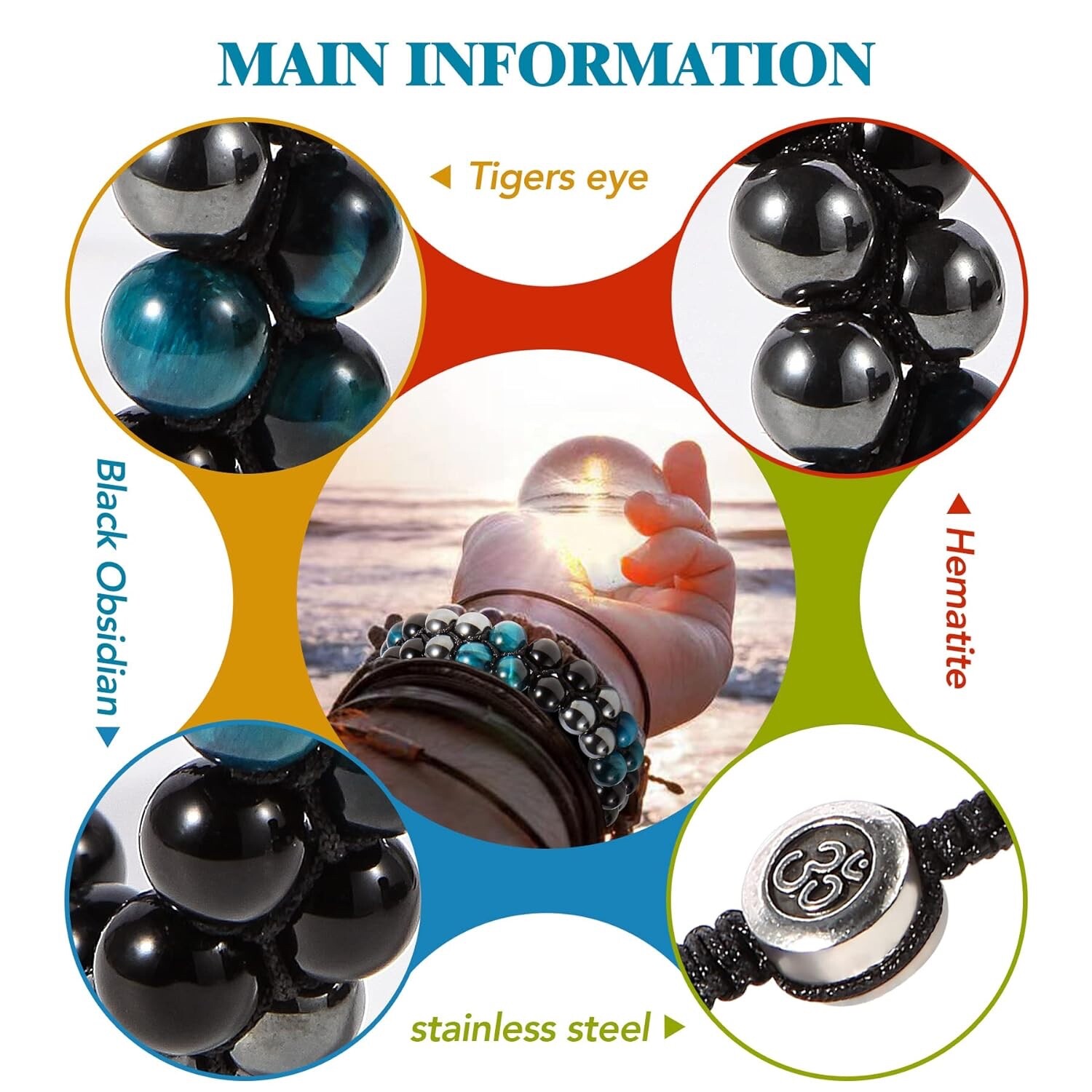 Triple Protection Bracelet for Protect Balance-Tiger Eye Hematite Natural Stone